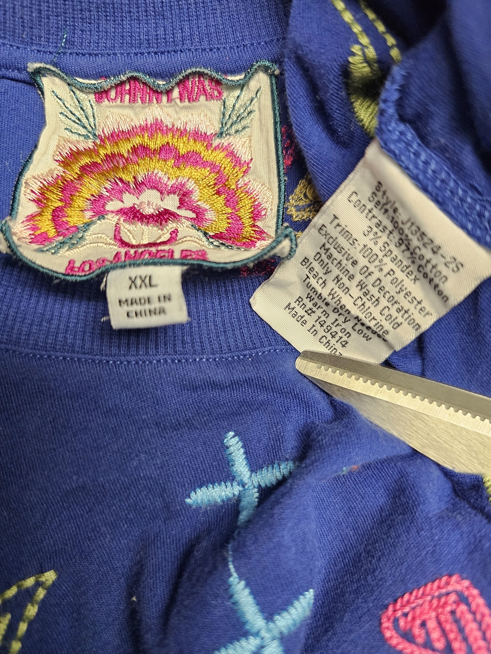 Johnny Was Royal Blue Embroidered Floral Short Sleeve Tee - Picture 5 of 5